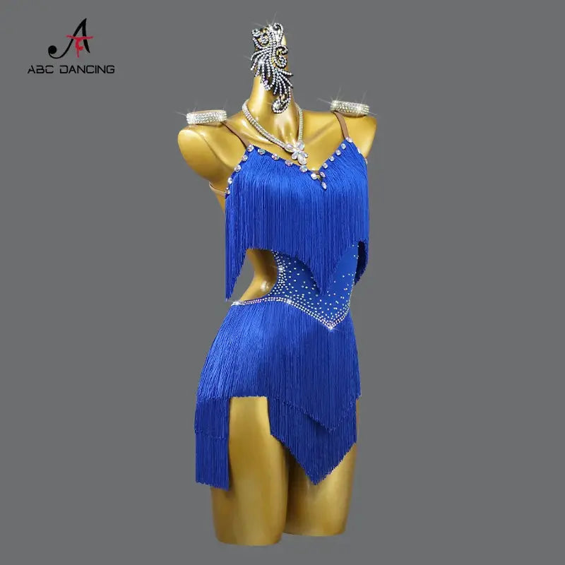 LumaDance Latin Performance Dance Dress For Women Flexible Nylon Elastane Knit With Fringe Skirt Blue