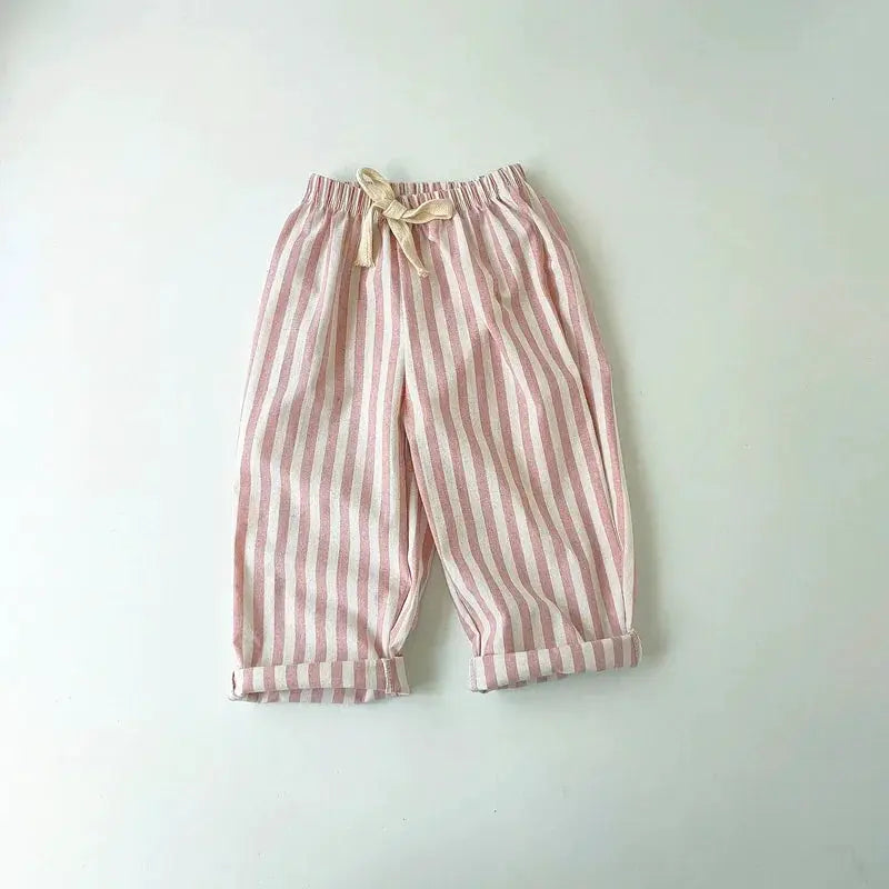 Spring Summer Kids Linen Cotton Striped Loose Pants Lace Up Vintage Casual Clothing For Boys And Girls