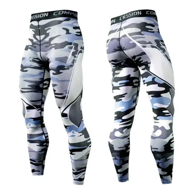 Two pairs of men's compression pants with gray camouflage print by Simples Market, athletic leggings for training.