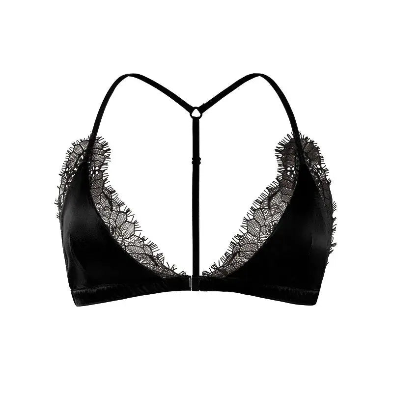 Birdtree wireless lace bralette in black silk-spandex blend with triangle cups and front closure