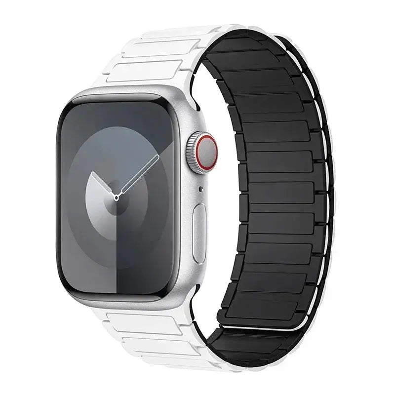 Magnetic loop Apple Watch band by Simples Market, white/black silicone bracelet for 38–49mm sizes.