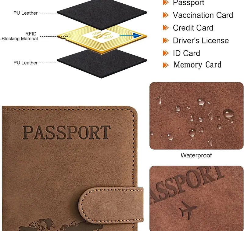 Simples Market passport holder travel wallet in brown PU leather with strap, waterproof, RFID-blocking