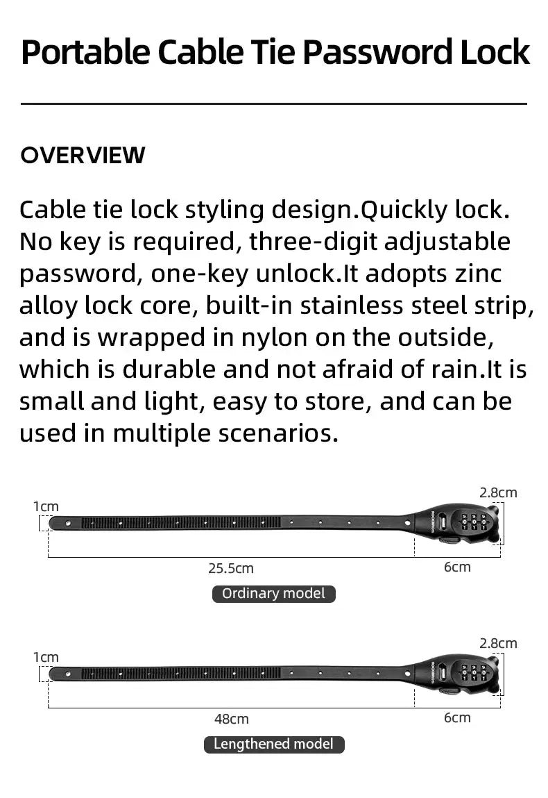 ROCKBROS portable bicycle lock cable tie password lock, black zinc-alloy core, nylon-wrapped; two lengths shown.