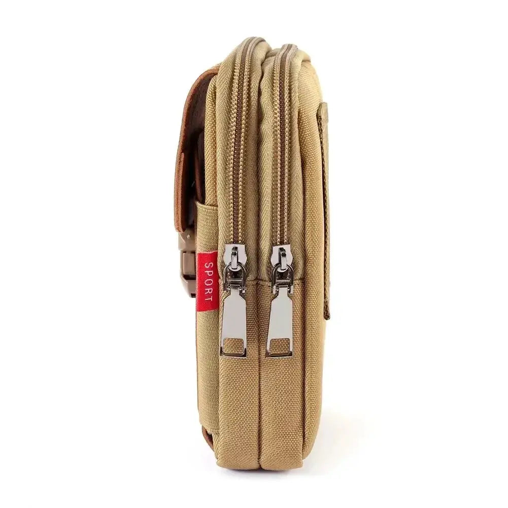 Unisex belt pouch phone bag, tan fabric with dual-zip compartments