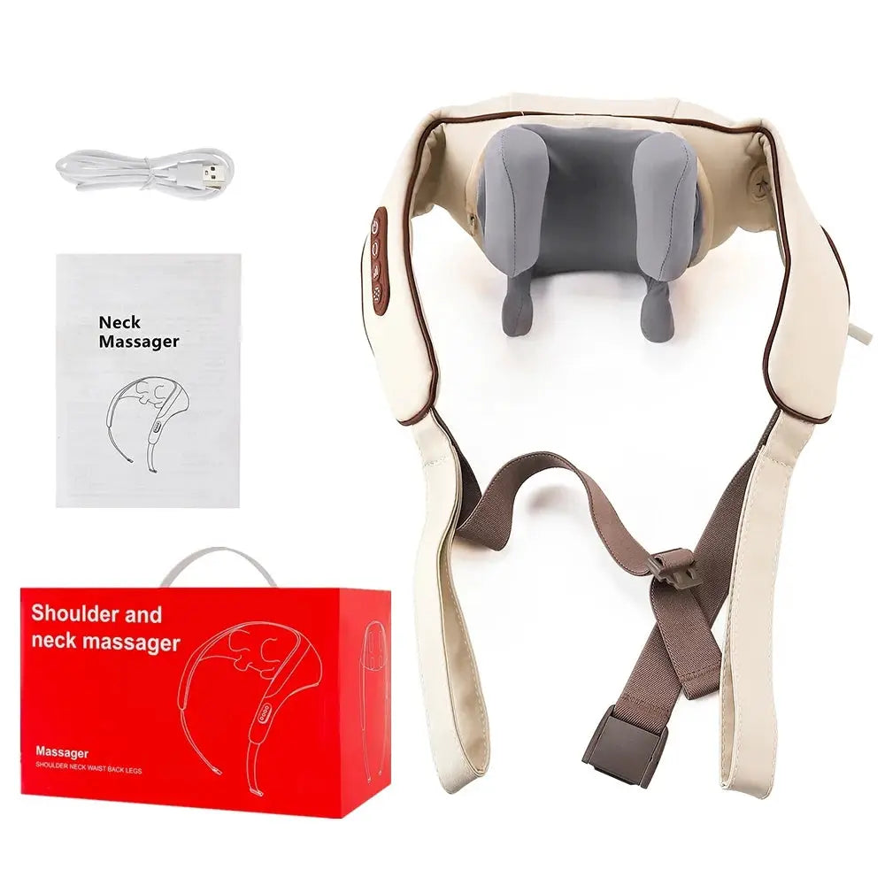 Foreverlily neck and shoulder massager, wireless beige wrap; includes USB cable, manual, and red packaging box.