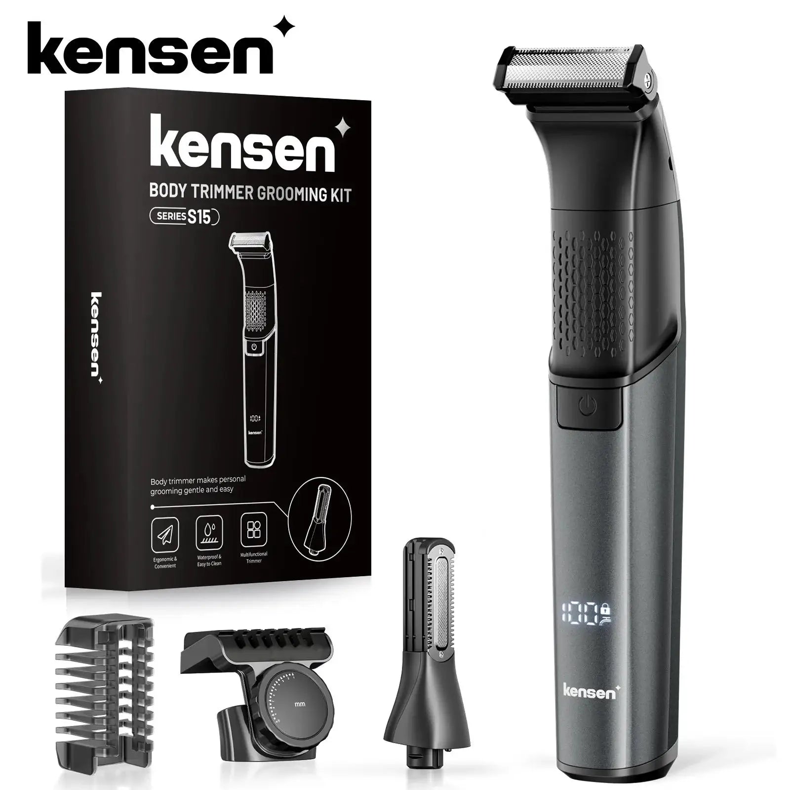 KENSEN S15 electric beard and body trimmer with dual-sided blade, IPX6 waterproof and included attachments