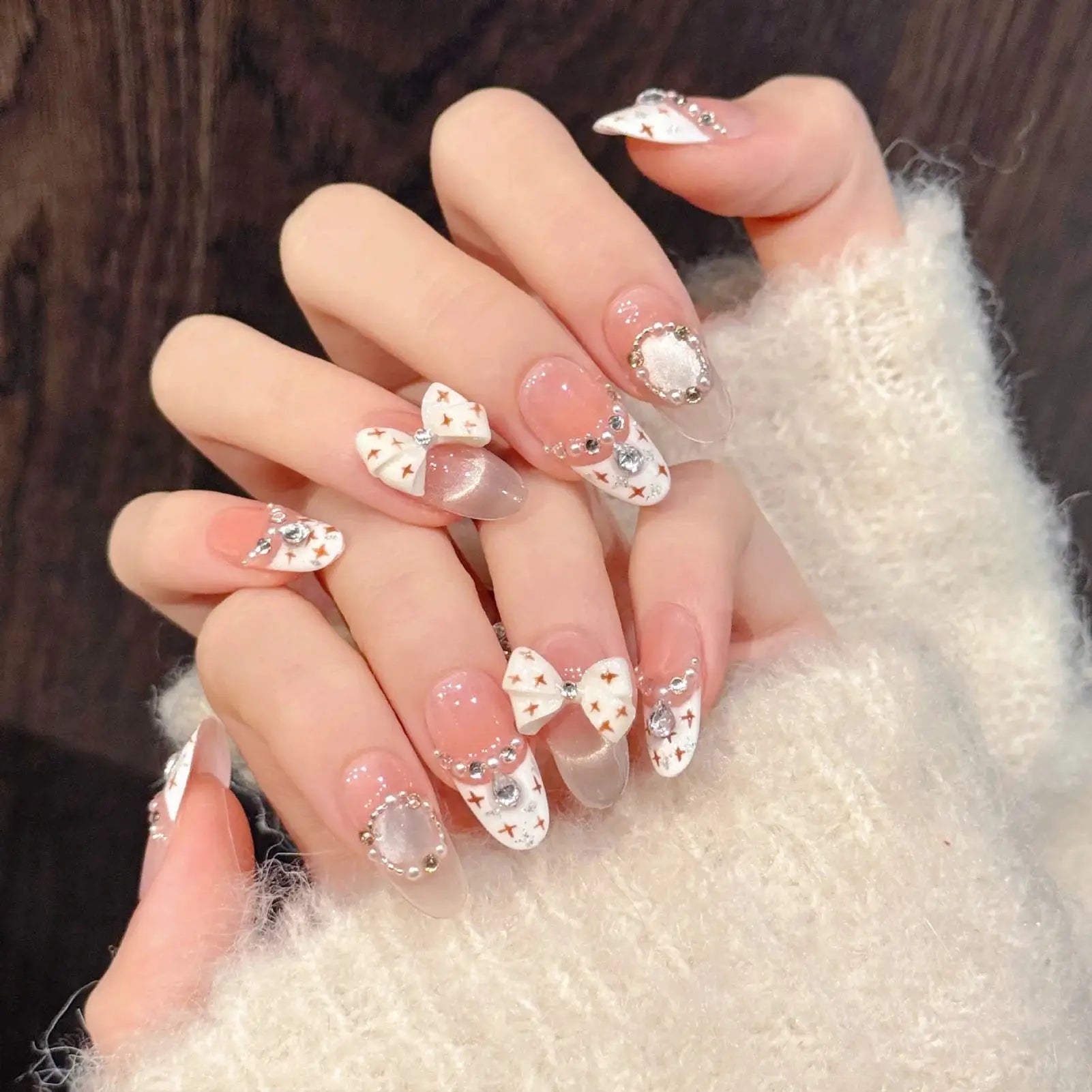 LuxeNail Cat Eye French Press On Nails With Pink Bow Decor Full Cover Almond Tips