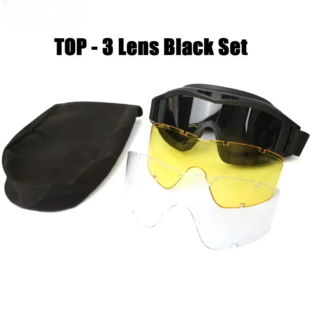 Simples Market airsoft tactical goggles 3-lens black set with yellow-tinted and clear lenses, plus carrying pouch.