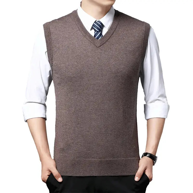 Men's brown knit sweater vest from Simples Market, worn over a white dress shirt