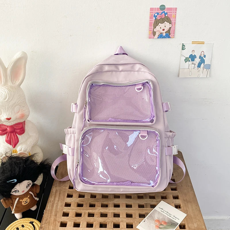 Japanese style ita backpack in lavender with two clear mesh front pockets, large capacity school bag