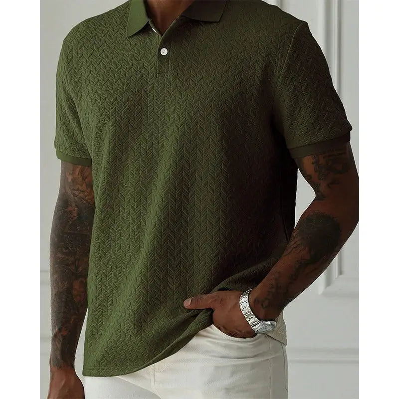 Mens polo shirt olive green short sleeve with textured chevron pattern