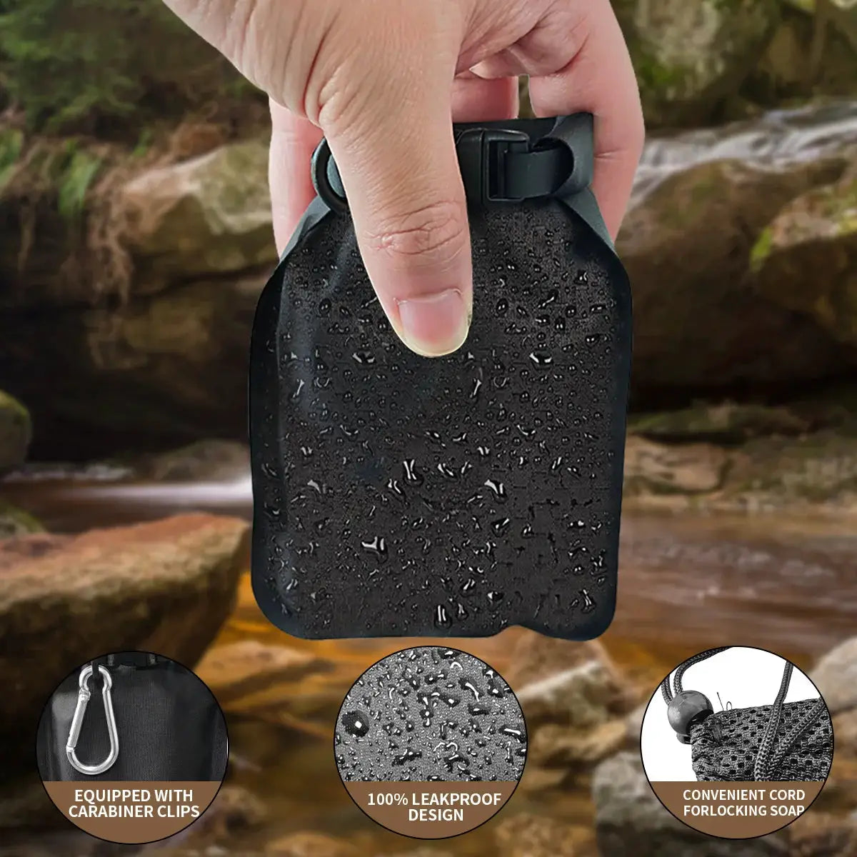 Soap Bar Case, black waterproof leakproof travel pouch with carabiner clip for outdoor use