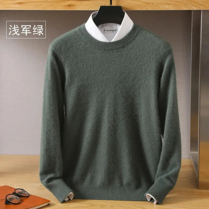 Men's mink cashmere O-neck sweater in army green with Fazeya label on hanger