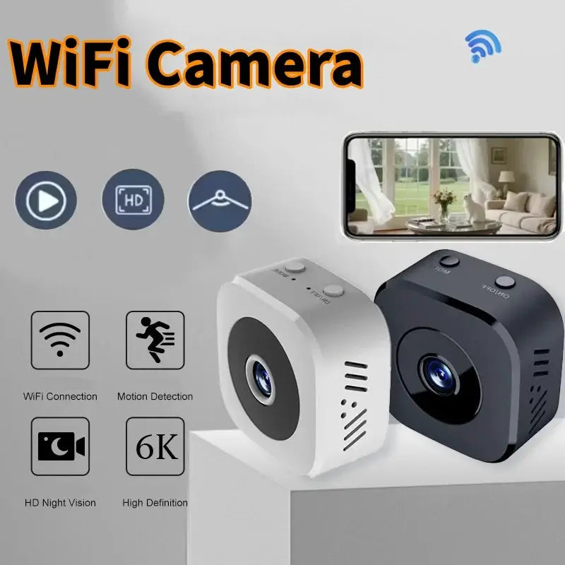 Simples Market WiFi mini security cameras; two white and black with smartphone live view and motion detection icons