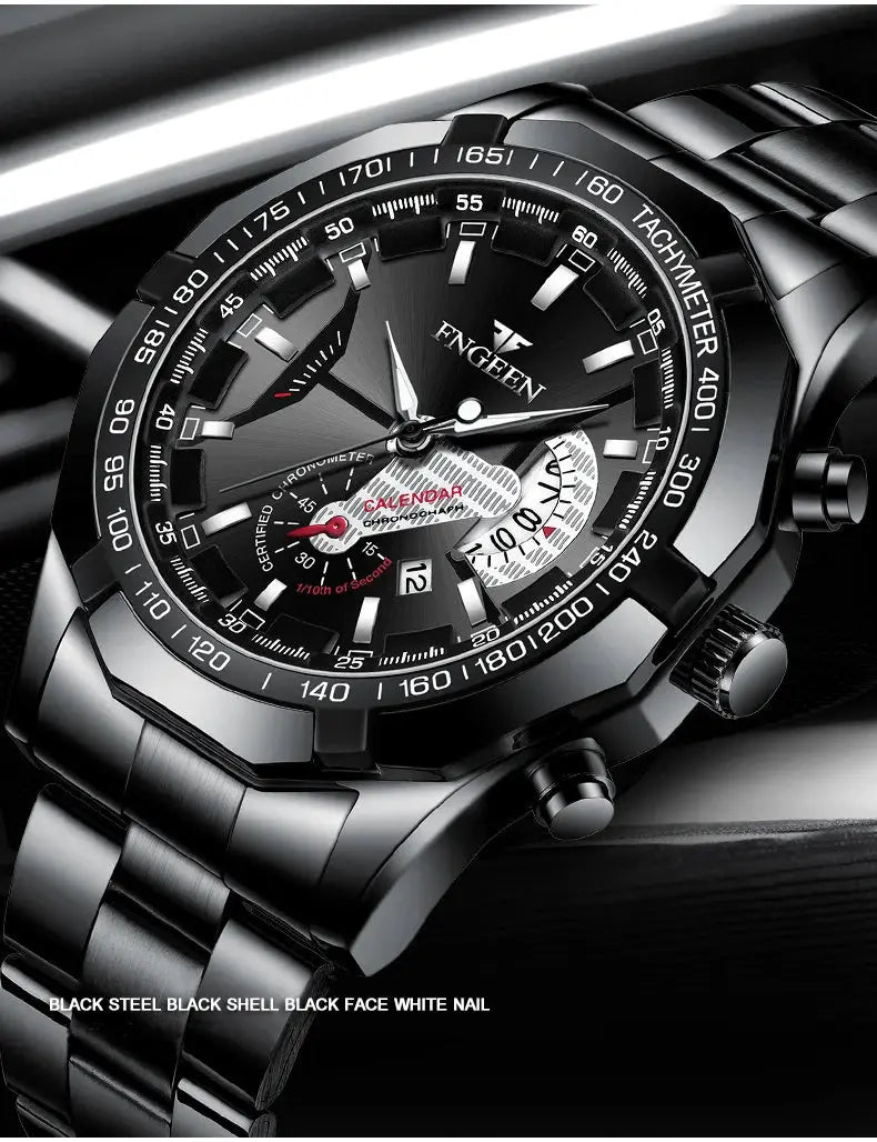 Men's black stainless steel watch with tachymeter bezel, luminous markers, calendar window, and metal bracelet.