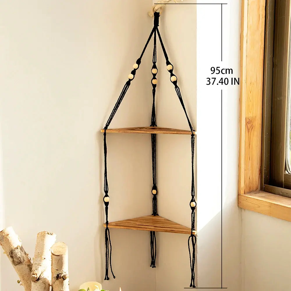 3-tier hanging wood triangle corner shelf for wall with black rope and beads, 95 cm tall