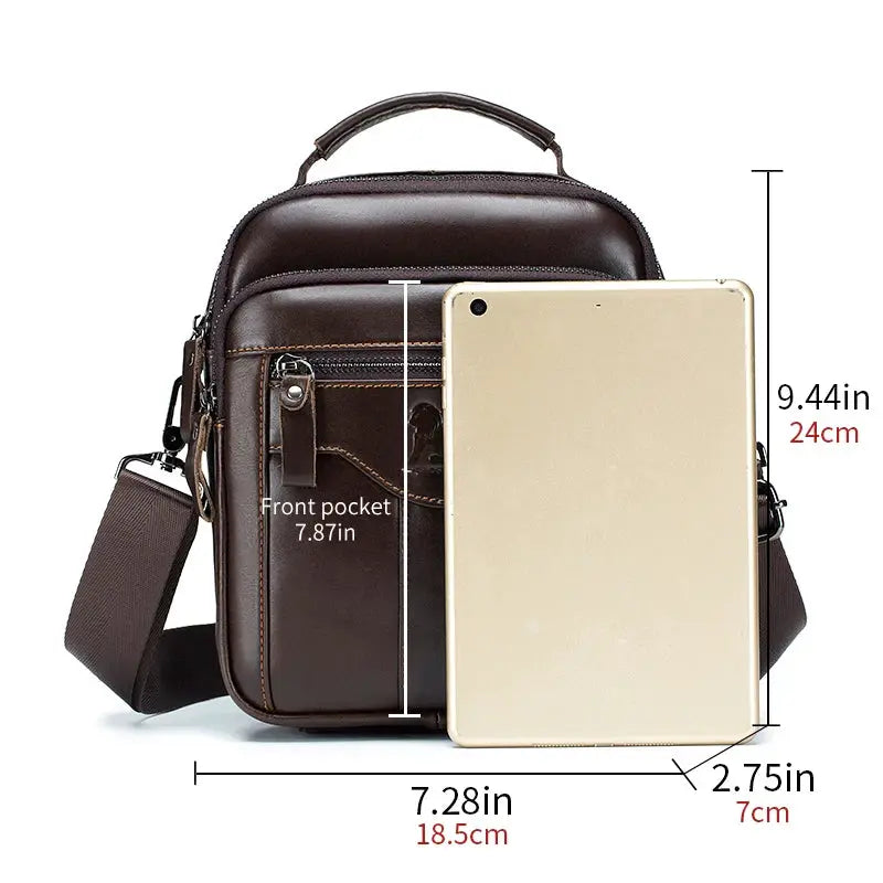 Men's crossbody bag, brown leather with front pocket and adjustable strap by Simples Market