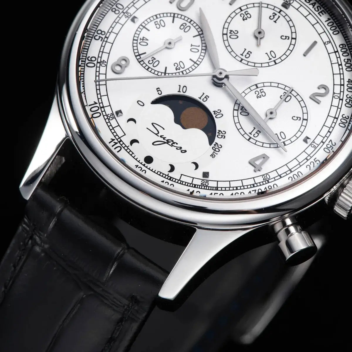 Sugess men’s chronograph wristwatch with moonphase, stainless steel case and black leather strap