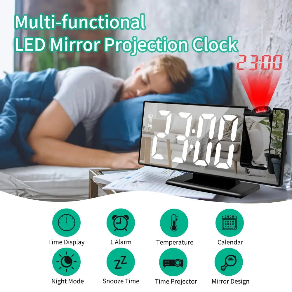 USB powered LED mirror projection alarm clock by Simples Market with 180° arm, large time display, temp, snooze