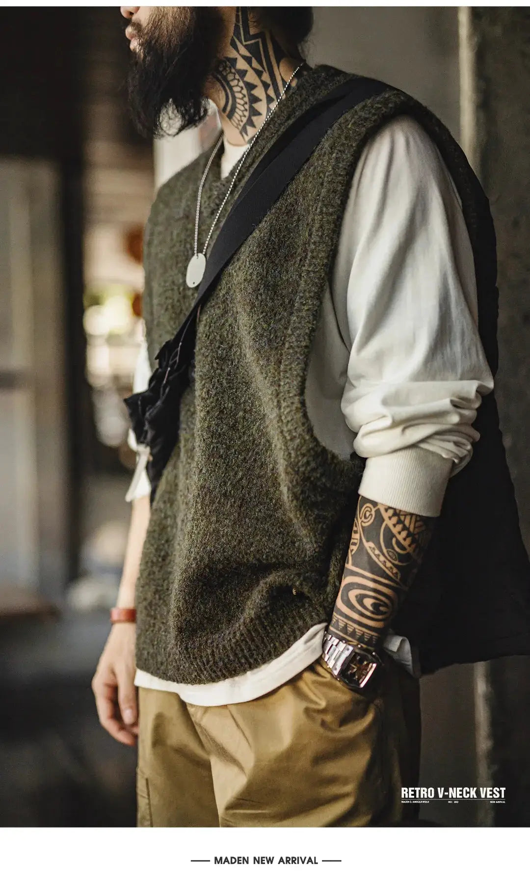 Maden retro wool-blend V-neck vest for layering, olive-green sleeveless waistcoat worn over a white shirt.