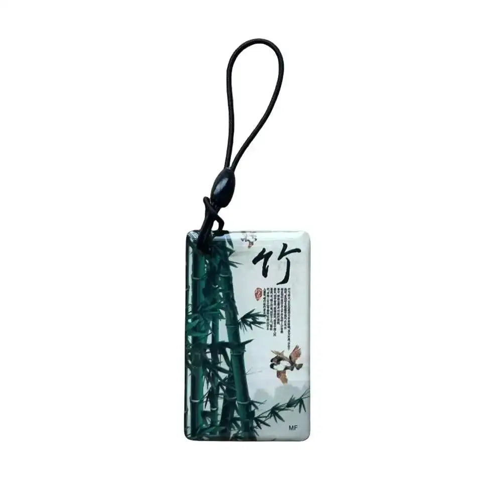 RFID key tag with bamboo pattern; waterproof rectangular keyfob with black lanyard