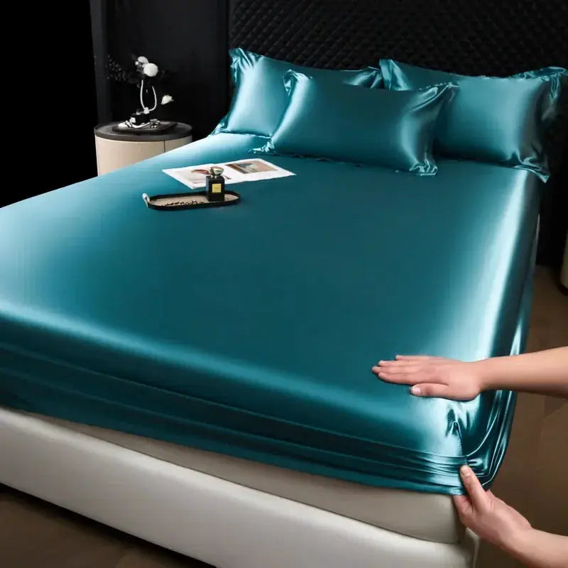 3-pc Mulberry silk fitted sheet set in teal with pillowcases by Simples Market