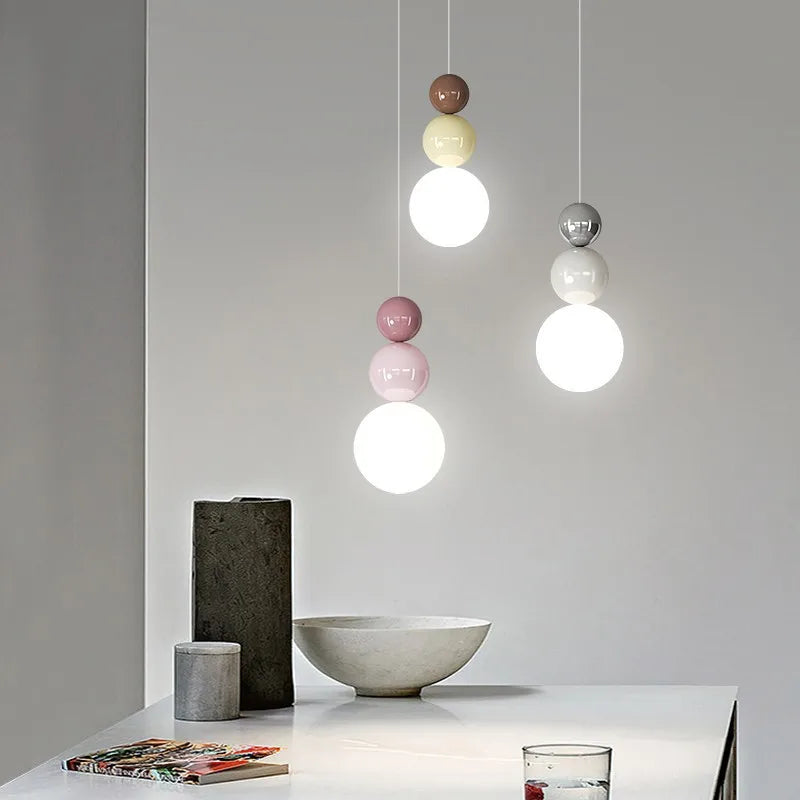 Nordic pendant light set of 3 glass-bead LED hanging lamps in pastel cream, pink and gray tones