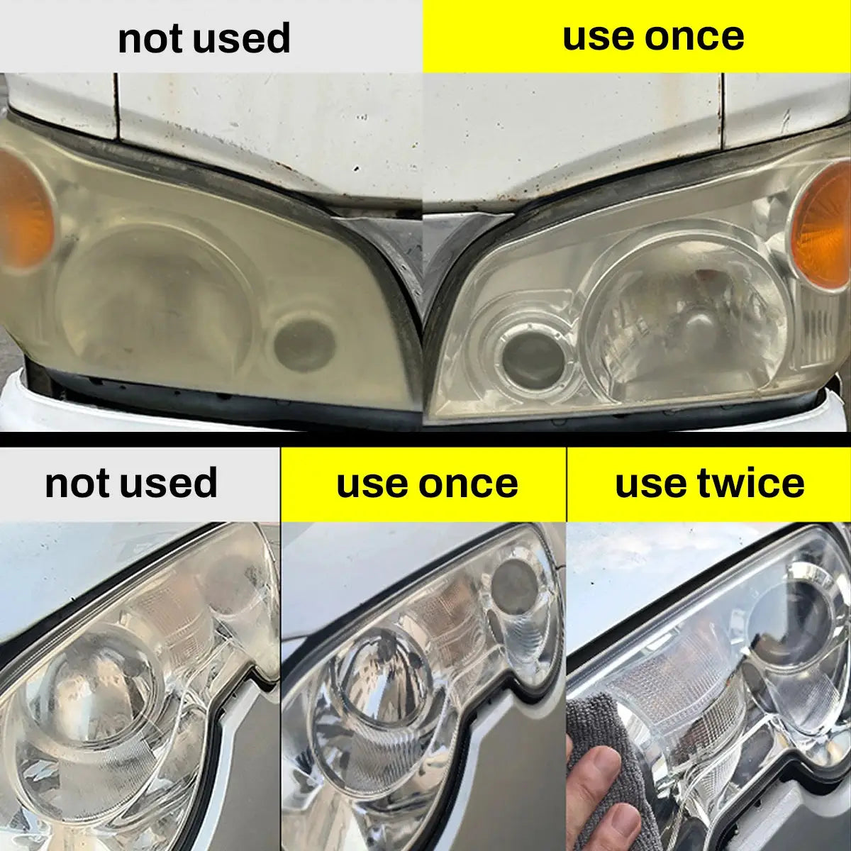 Headlight restoration paste LHB-16 by Simples Market; before/after oxidation removal on headlights showing improvement
