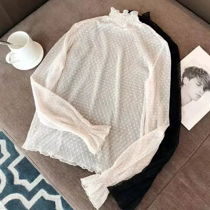 Women's white mesh lace blouse with long sleeves; black version beneath, 2-piece set by Simples Market