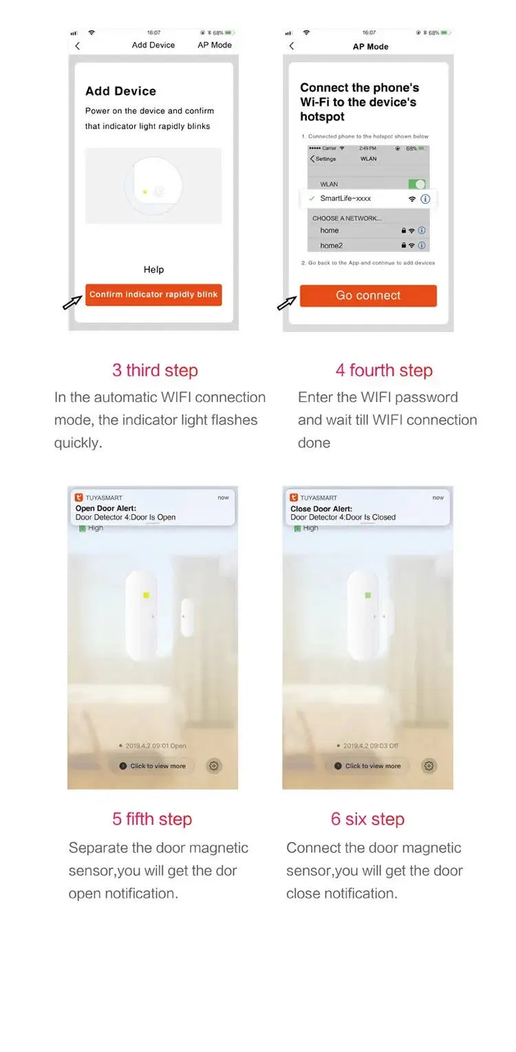 TuyaSmart WiFi door sensor; white compact sensor shown with app setup screens and door open/close alerts.
