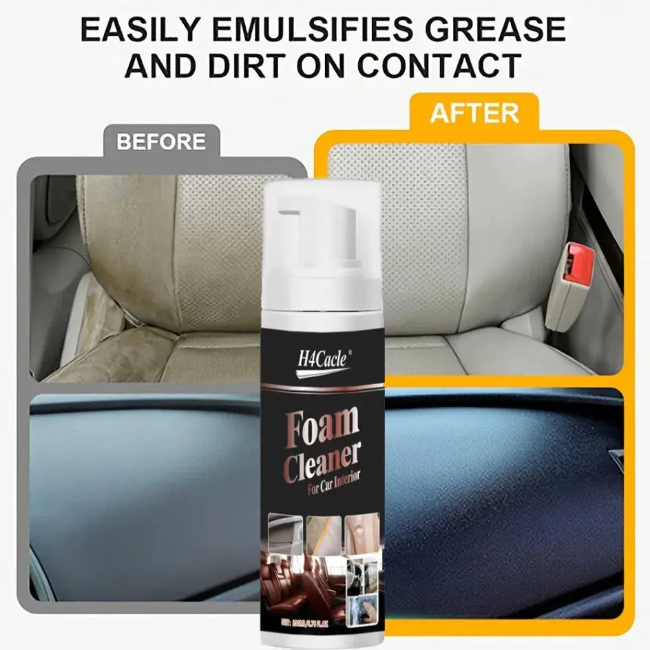 Simples Market Foam Cleaner for Car Interior spray bottle; before and after cleaning leather and fabric seats.