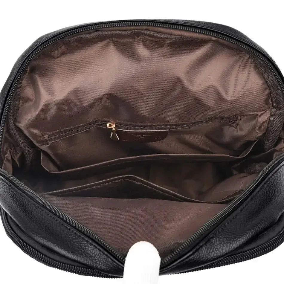Women's black leather backpack with brown lining and inner zip pocket, Simples Market