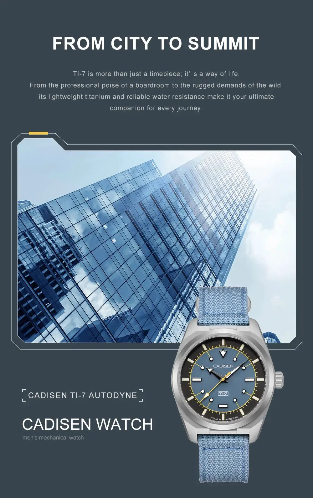 CADISEN TI-7 Autodyne wristwatch by Simples Market, titanium case, blue dial, light-blue canvas strap