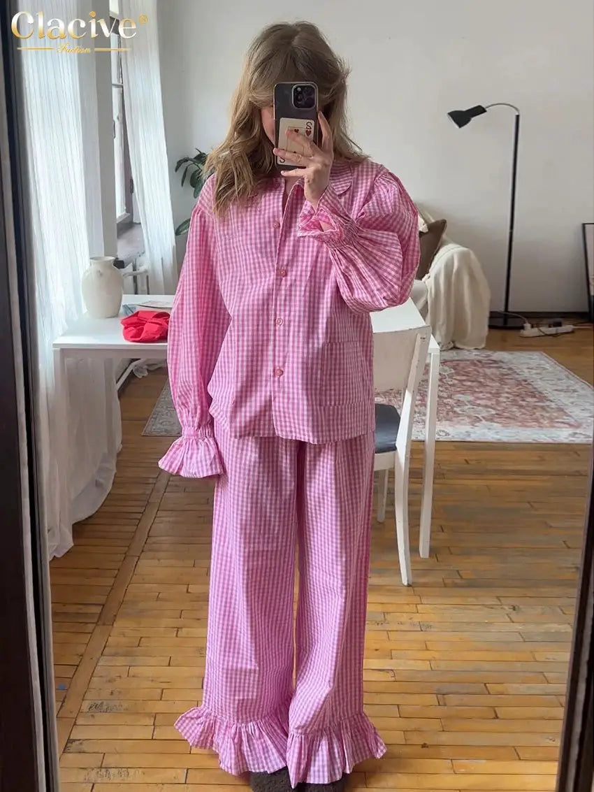 Clacive Plaid Cotton 3 Piece Set Long Sleeve Shirt High Waist Pants