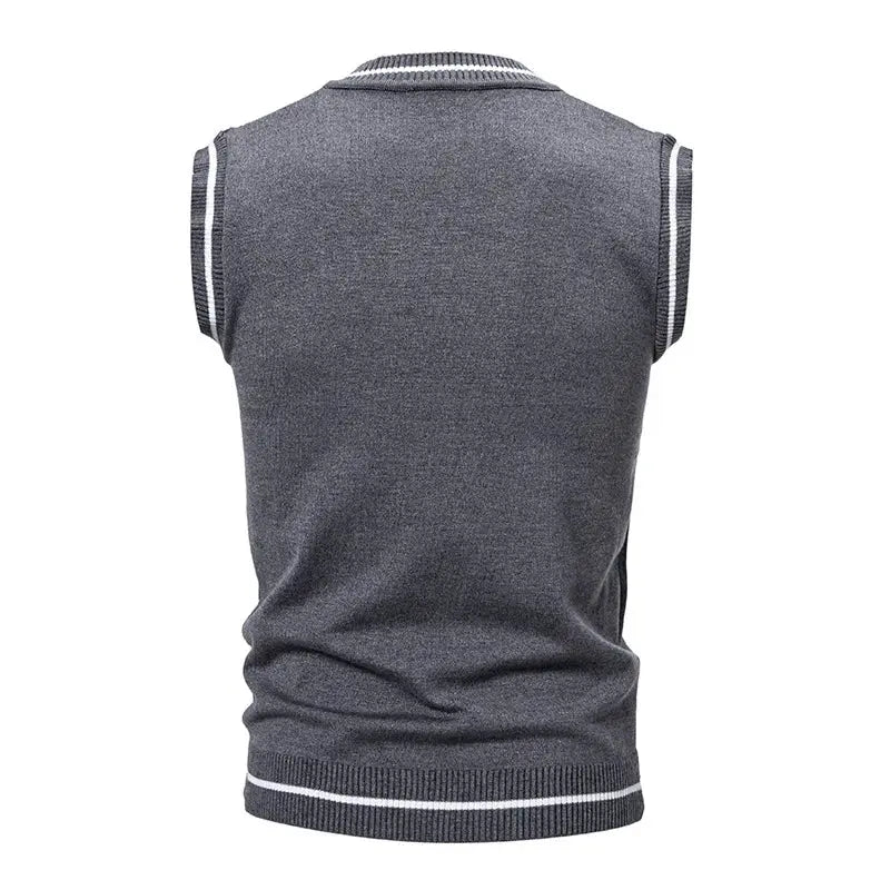 Men's gray knitted sleeveless vest with white trim, back view