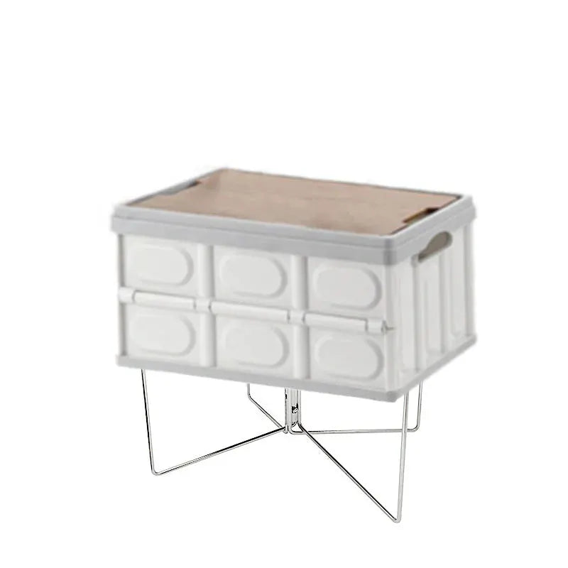 Simples Market folding plastic cooler box stand with white cooler and wooden lid on a metal frame
