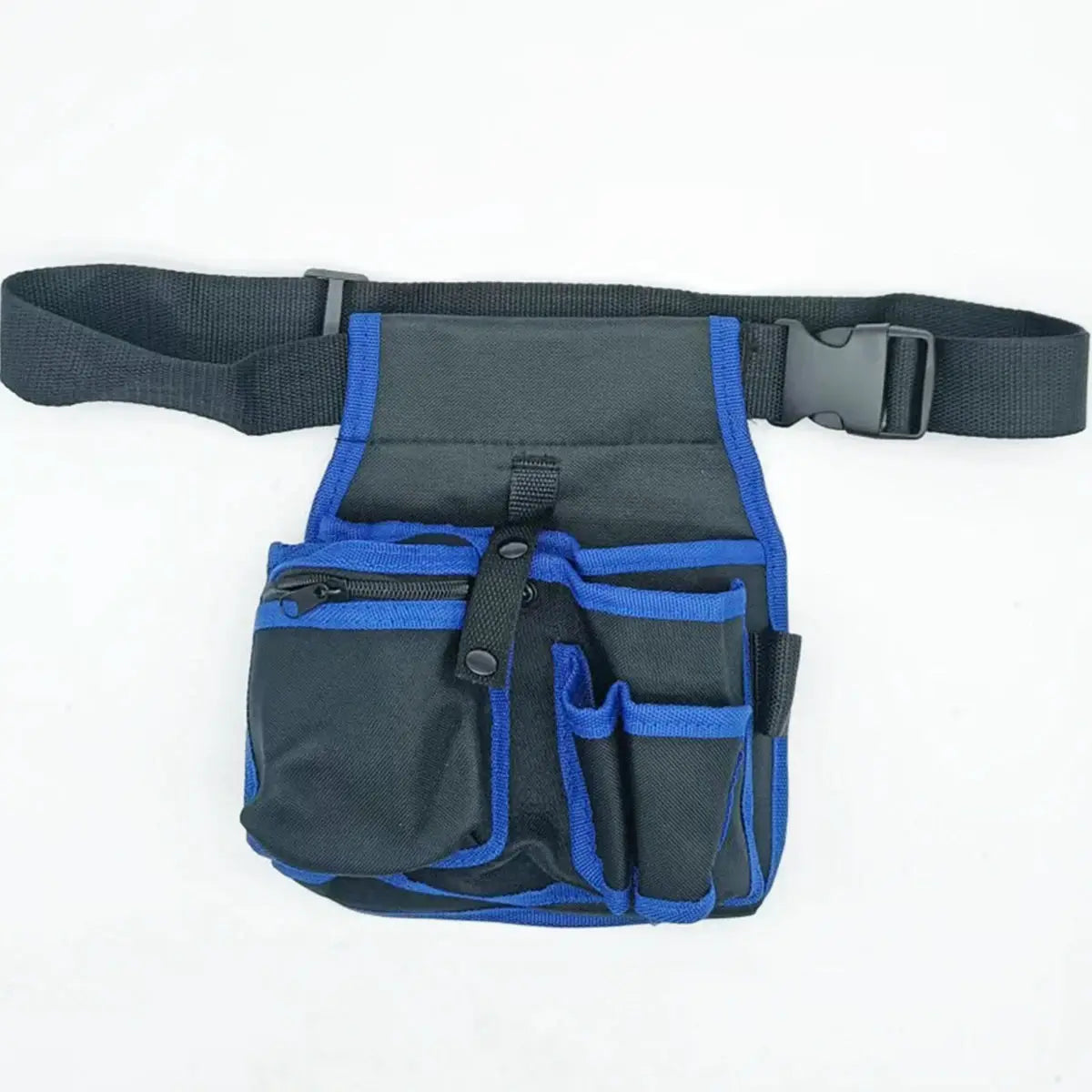 One-piece tool waist bag by Simples Market, black with blue trim, multi-pocket electrician's bag.