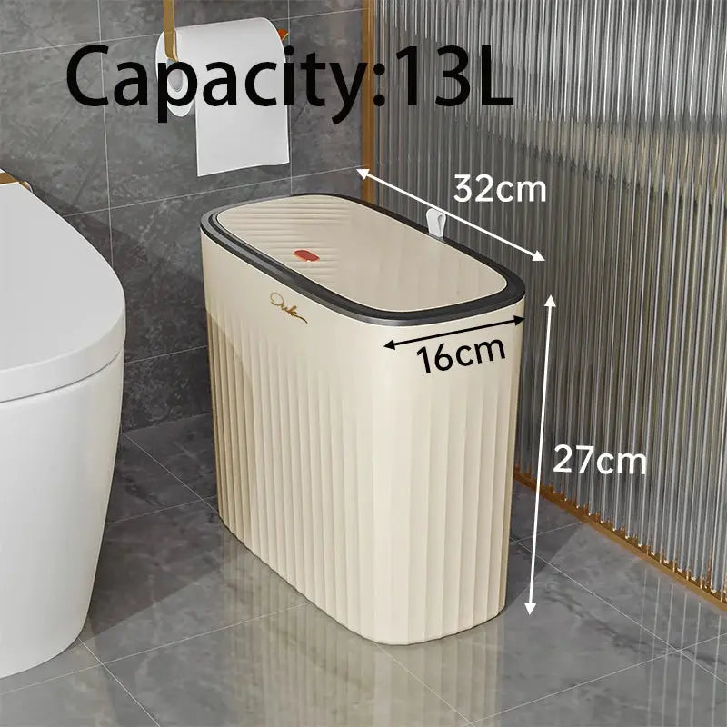 Narrow press-ring bathroom trash can with lid, beige ribbed finish, 13L capacity by Simples Market.
