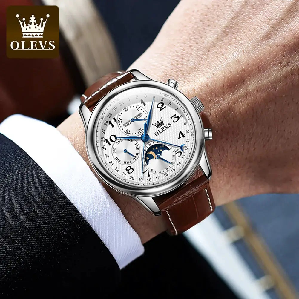 OLEVS men's luxury automatic watch with white dial, moonphase, blue hands, silver case and brown leather strap