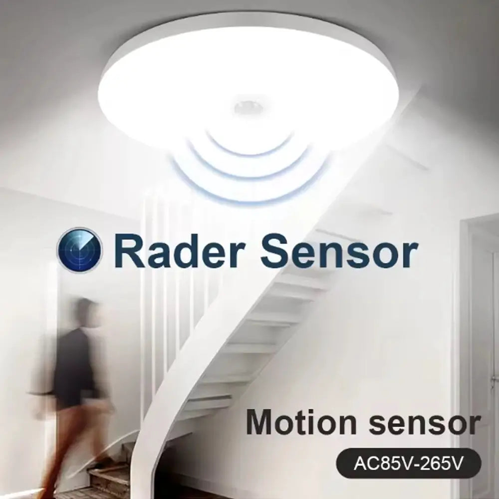 Round radar motion sensor ceiling light, LED fixture for indoor spaces (garage/hallway), AC85-265V.