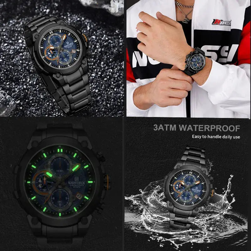 NAVIFORCE men's military wristwatch, black stainless steel band, blue dial with orange accents, 3ATM waterproof.