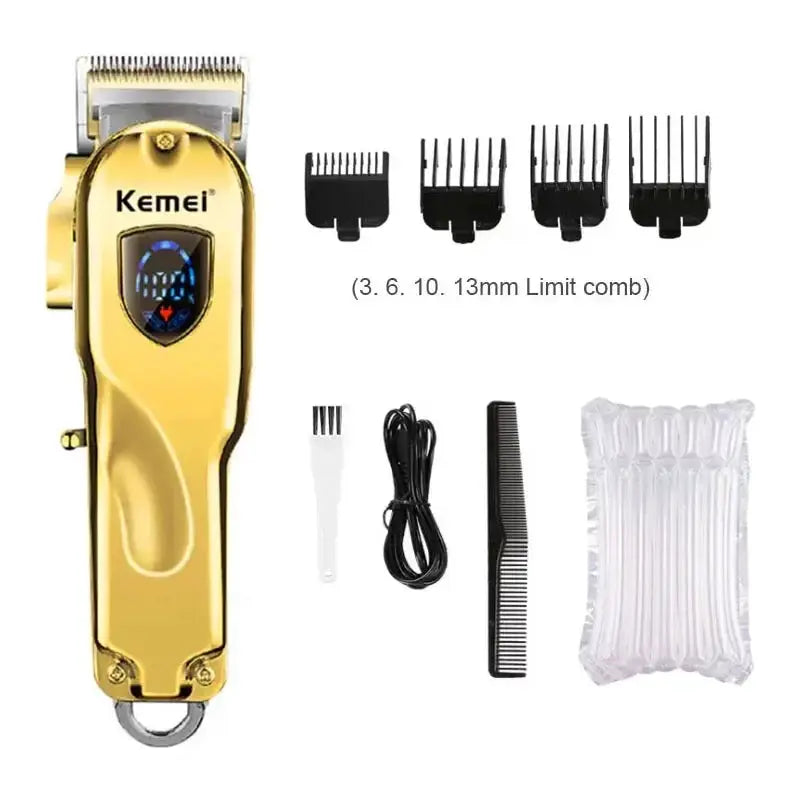 Kemei KM-TX1 hair clipper with gold metal body and four guide combs (3-13 mm), USB charger, cleaning brush