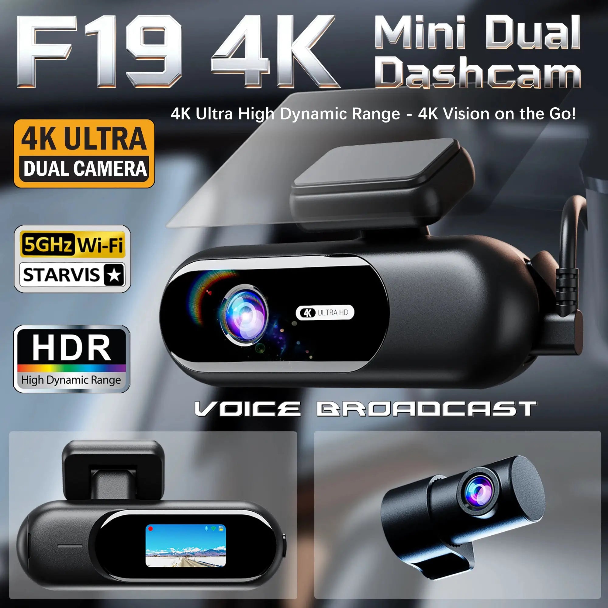 Simples Market 4K Ultra Dash Cam for cars with dual front/rear cameras, Wi-Fi, HDR, night vision.
