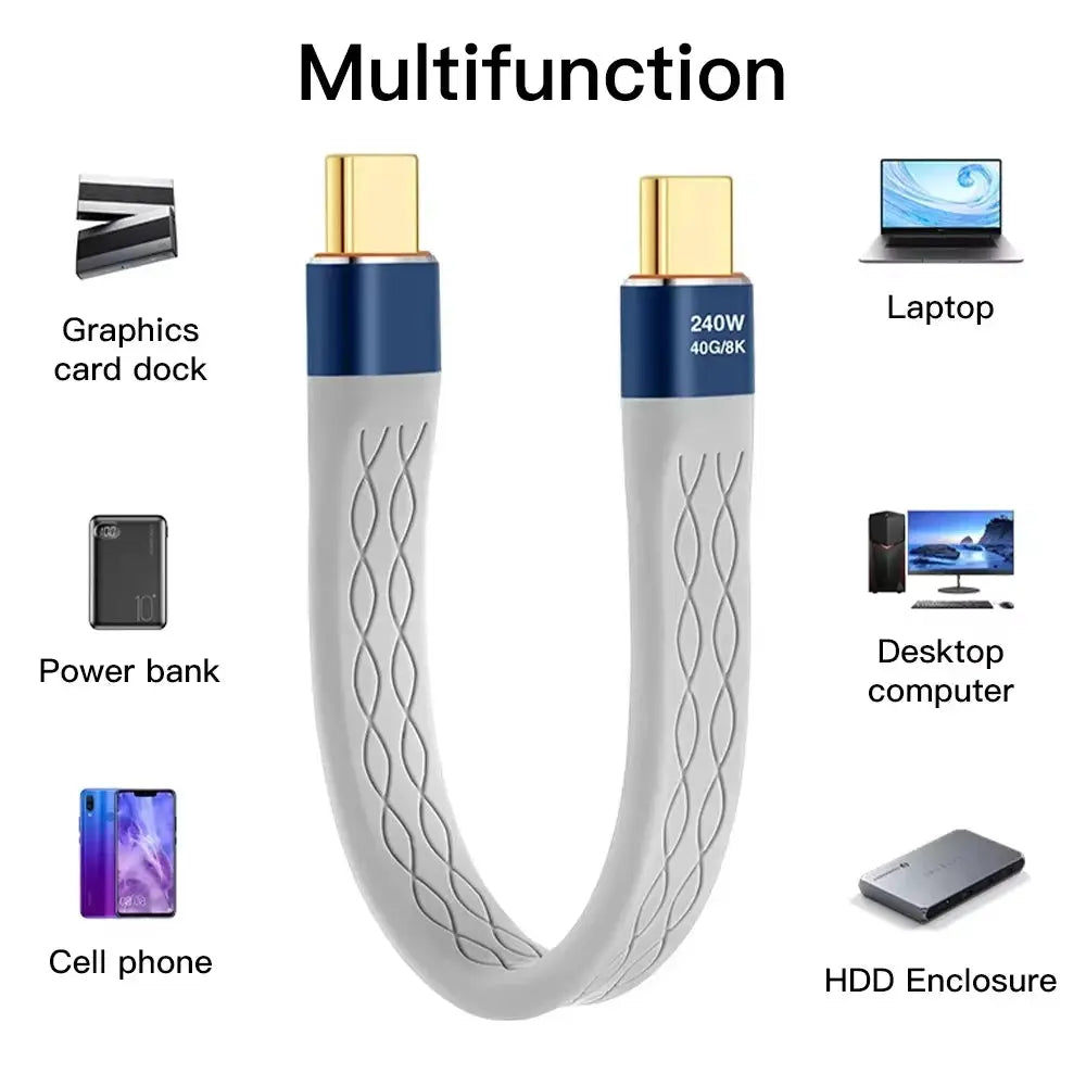 Type C To Type C 240W Short USB C Cable With 40Gbps Data Transfer And 8K Flat Slim FPC Extension