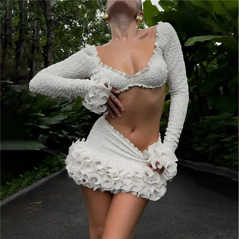 Shestyle White Autumn Two Piece Set Ruffles Crop Top And Sheath Skirt