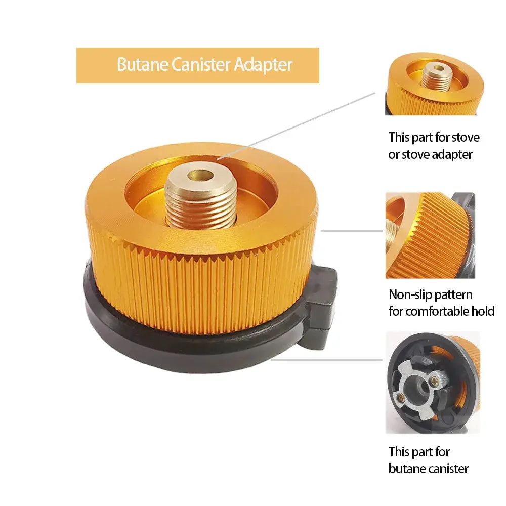 Butane canister adapter set for camping stoves; 3pc orange anodized aluminum by Simples Market