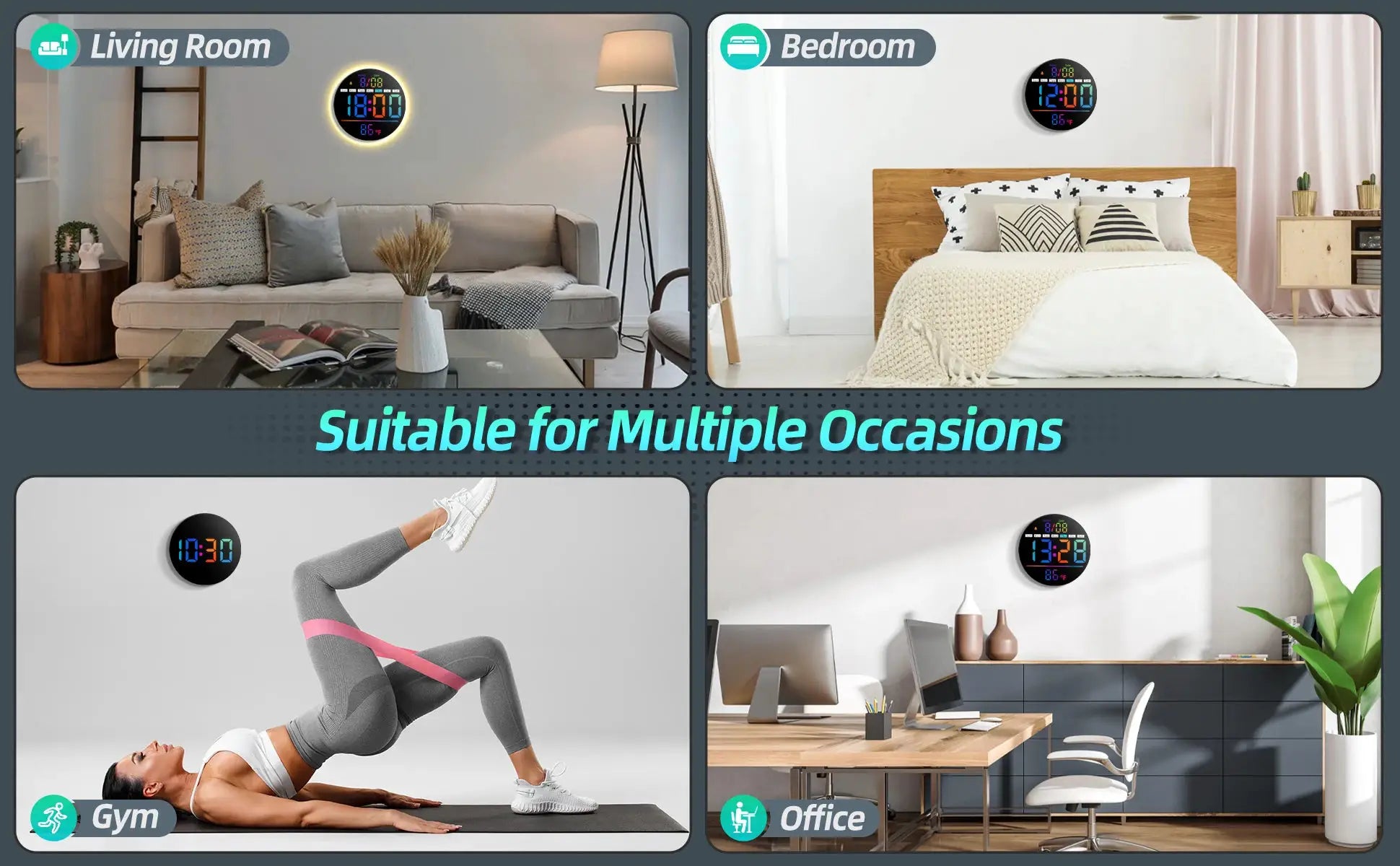 Two 8-inch LED wall clocks with timer, temperature, date, night light and alarm; shown in living room and bedroom