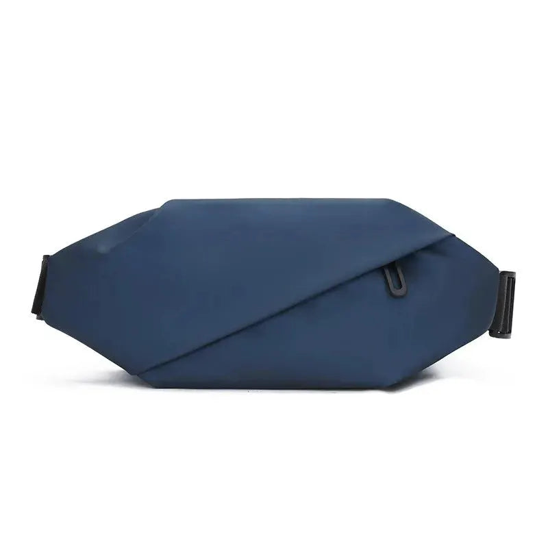 Blue waist bag with diagonal front panel and black adjustable strap, compact and multifunctional.