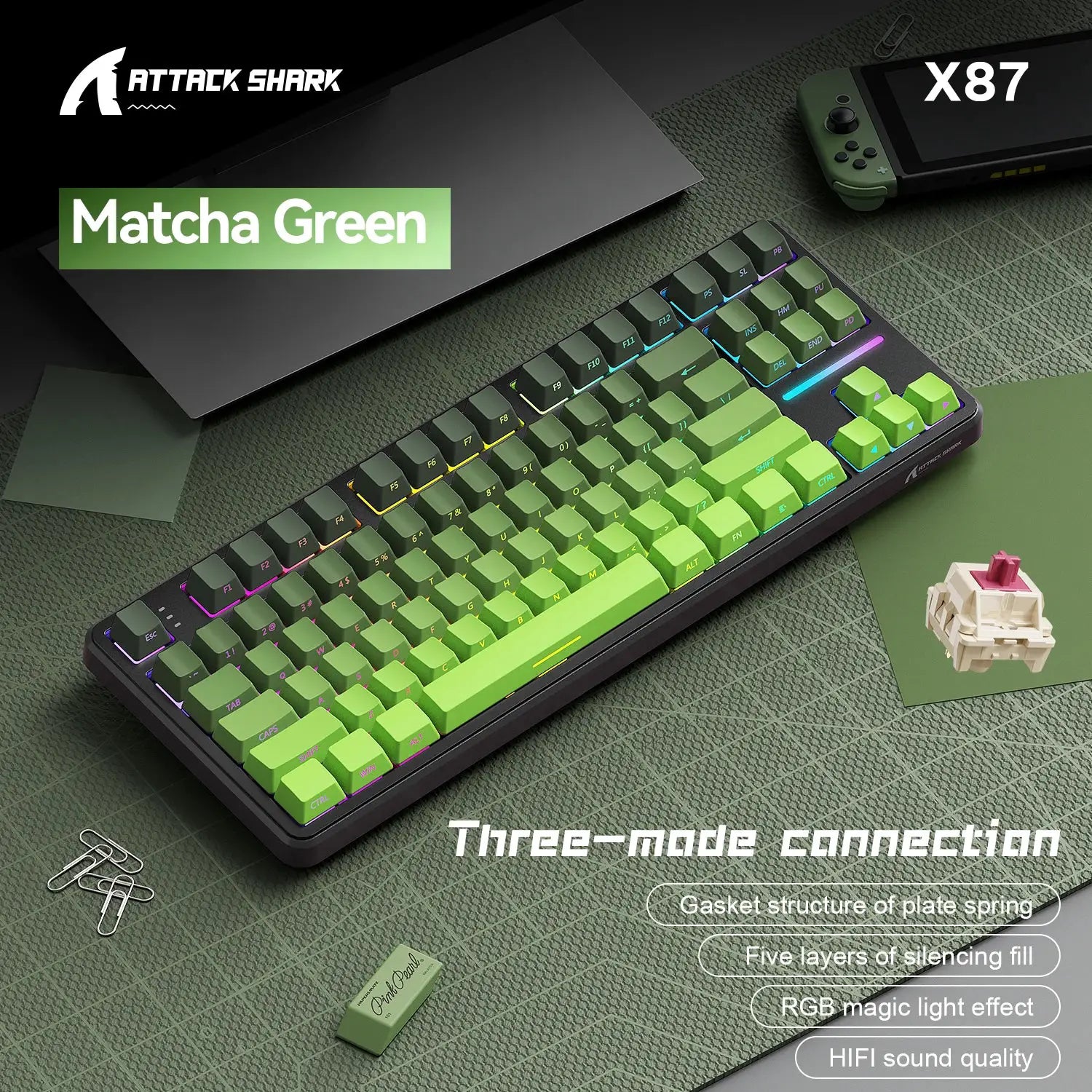 Attack Shark X87 Macro Drive Bluetooth Mechanical Keyboard 87 Key Hot Swappable RGB Lighting
