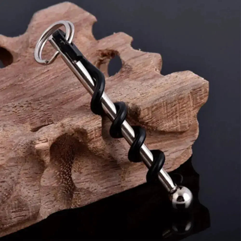 Bottle opener keychain with corkscrew, silver rod wrapped in black cord for outdoor camping use